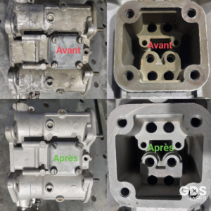 Décapage laser d’un carburateur de véhicule de collection – nettoyage et retrait des dépôts et oxydation sur pièce moteur.