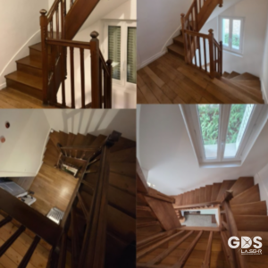 Décapage laser d’un escalier en bois – retrait du vernis et nettoyage de la surface du bois