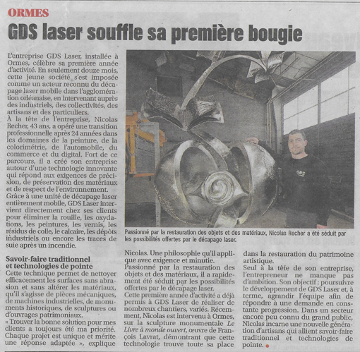 Article de La République du Centre sur le premier anniversaire de GDS LASER à Ormes