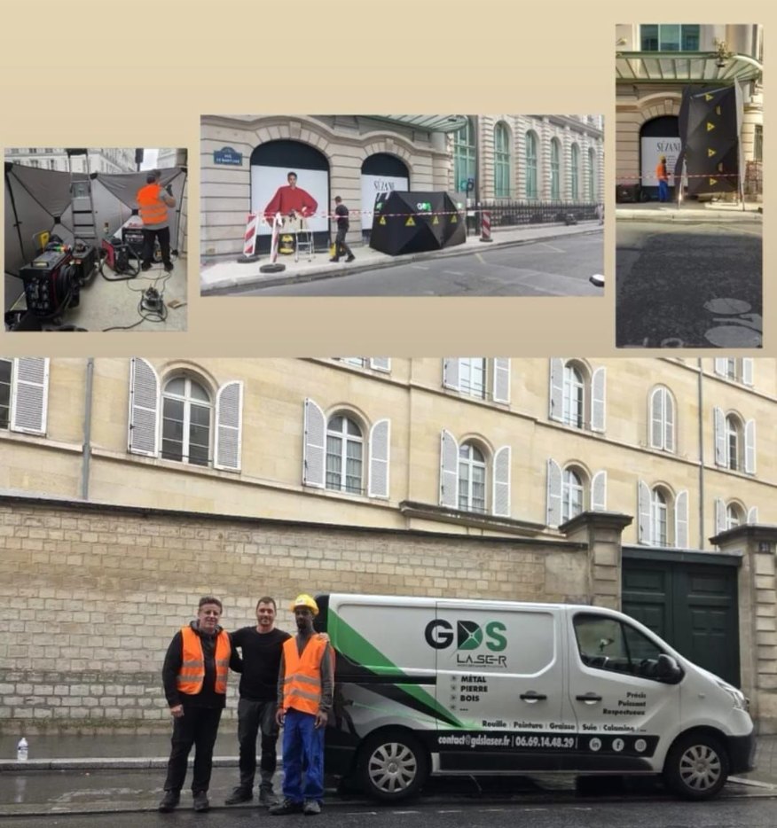 Équipe GDS LASER devant le véhicule de l’entreprise et vues du chantier de nettoyage laser rue du Bac à Paris
